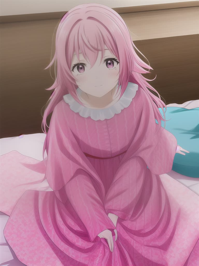  Big , pink hair, on bed, , crying, masterpiece, best quality,8k,ultra detailed,high resolution,an extremely delicate and beautiful,hyper detail