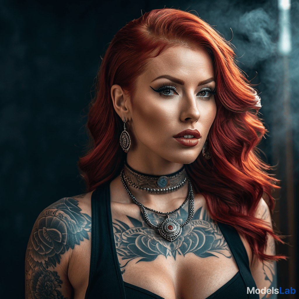  redheaded women with a tight body and many tattoos showing her tonguepiercing hyperrealistic, full body, detailed clothing, highly detailed, cinematic lighting, stunningly beautiful, intricate, sharp focus, f/1. 8, 85mm, (centered image composition), (professionally color graded), ((bright soft diffused light)), volumetric fog, trending on instagram, trending on tumblr, HDR 4K, 8K