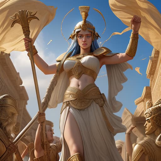  the gods of ancient greece. athena. athena is the patroness of just war, sciences and crafts of the ancient world. athena is a statuesque woman with a magnificent figure. her beautiful, wide open, blue eyes express determination and unyielding will. athena's long, wheat colored hair is scattered over her shoulders and develops in the wind. on athena's head she wears an ancient greek warrior helmet with a longitudinal crest. athena's body is encased in an ancient greek armor emphasizing her figure. in her left hand athena holds a battle spear, in her right hand athena has a shield decorated with the head of medusa gorgon, whose gaze struck her opponents. an owl flies above athena's head, and a large snake lies at her feet with its head raise