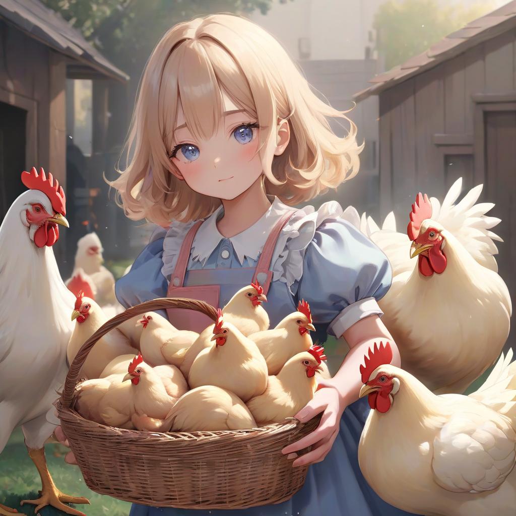  puffy girl holding a basket of chickens