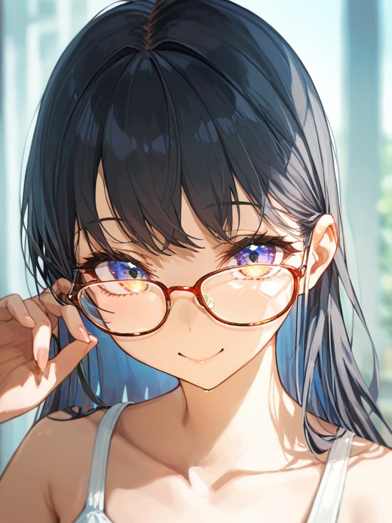  black hair, long hair, white dress, smile, glasses girl, glasses girl, girl wearing glasses, asahi, masterpiece, best quality,8k,ultra detailed,high resolution,an extremely delicate and beautiful,hyper detail