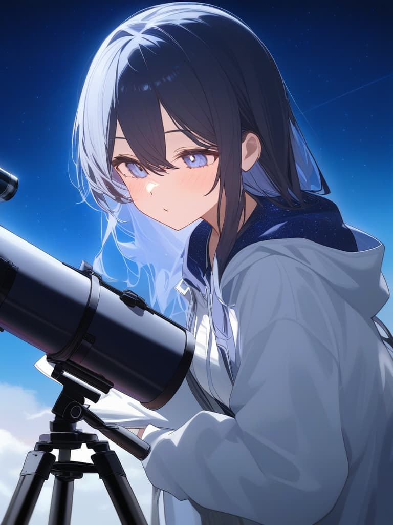  one girl, perfect starry sky, astronomical telescope, astronomical observation