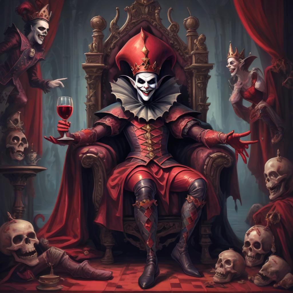  macabre style the court jester on the background of the throne with an evil smile, and behind him sits the scarlet queen, who threw her feet on the throne, in the hands of the queen of a cup of wine . dark, gothic, grim, haunting, highly detailed