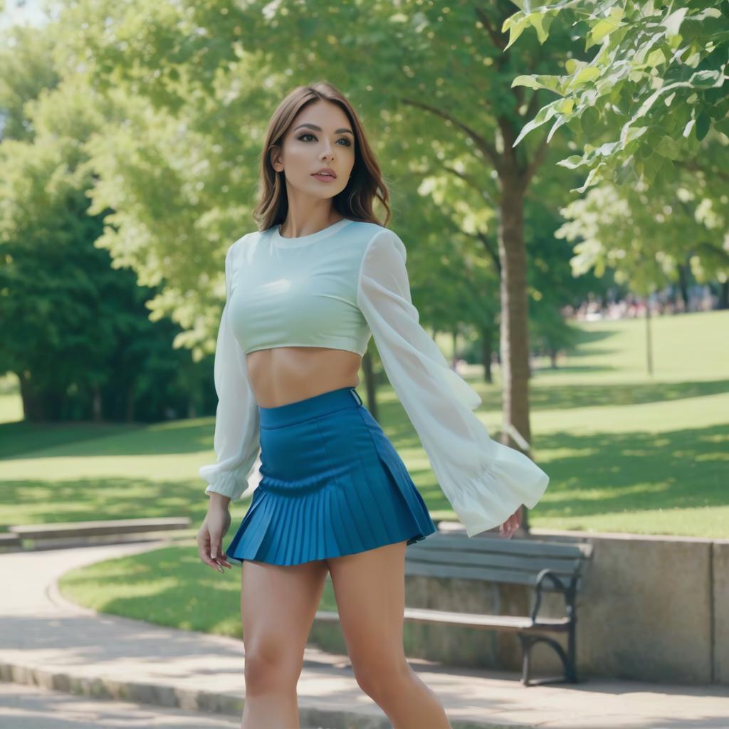  cinematic photo a beautiful woman walking in a park. wearing a miniskirt and ultra high heel pumps. viewed from the side.. 35mm photograph, film, bokeh, professional, 4k, highly detailed