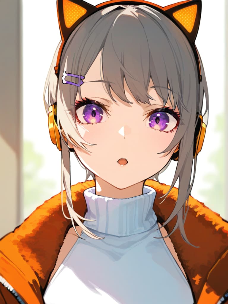  (cat ear headphones: 1.2), masterpiece, open mouth, best quality, close up, (from front: 1.2), (silverbeige hair: 1.4), (purple eyes: 1.2) arring, orange overside jacket , (shoulder gap: 1.2), (white turtleneck: 1.1), (hair pin: 1.3)