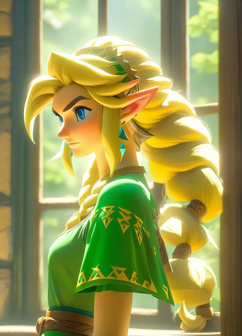  legend of zelda style a beautiful blonde with no makeup, on the kitchen window in the dormitory, the hair's on the tail . vibrant, fantasy, detailed, epic, heroic, reminiscent of the legend of zelda series hyperrealistic, full body, detailed clothing, highly detailed, cinematic lighting, stunningly beautiful, intricate, sharp focus, f/1. 8, 85mm, (centered image composition), (professionally color graded), ((bright soft diffused light)), volumetric fog, trending on instagram, trending on tumblr, HDR 4K, 8K