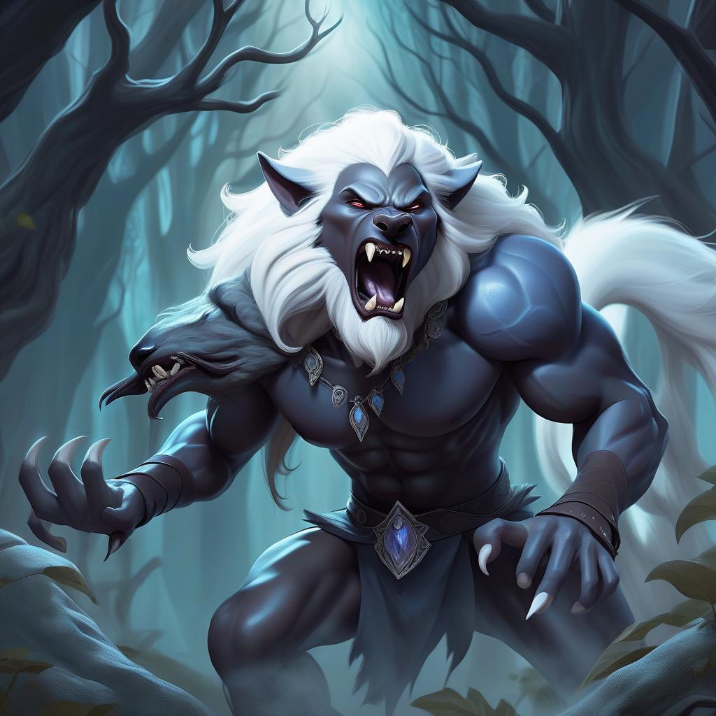  ethereal fantasy concept art of evil monster giant dire wolf attack drow male dark skin and white long hair elf and intends to swallow him, fairie magic forest background . magnificent, celestial, ethereal, painterly, epic, majestic, magical, fantasy art, cover art, dreamy