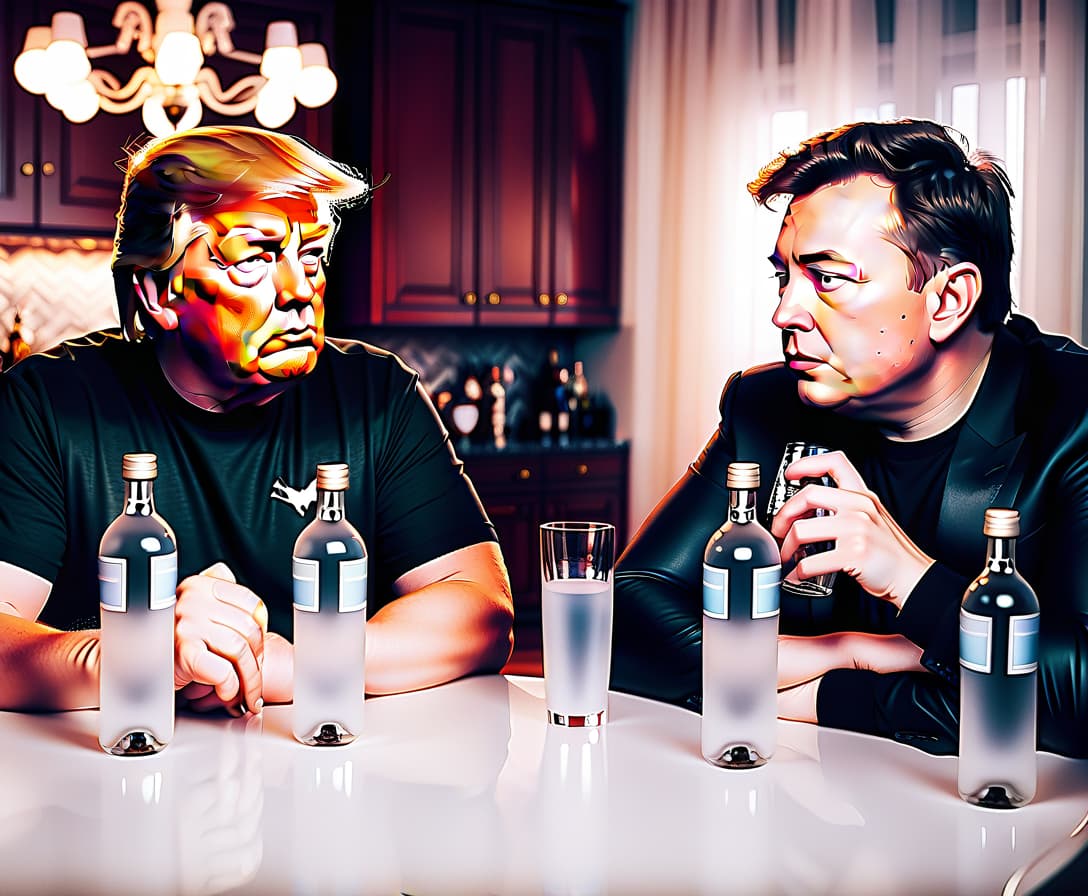  cinematic photo make an image where strictly two people are sitting: president donald trump on the left and elon musk on the right. they drink vodka, there is only one bottle on the table. all this in the russian kitchen in t shirts without drawings against the background of the logo of the social network elon musk “x”. make their faces real and their eyes real, let them look at each other. . 35mm photograph, film, bokeh, professional, 4k, highly detailed