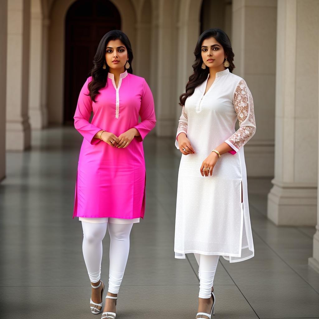  Indian plus -size woman wearing pink kurta and tights white leggings . photoshoot, hot and stylish., hyperrealistic, high quality, highly detailed, cinematic lighting, intricate, sharp focus, f/1. 8, 85mm, (centered image composition), (professionally color graded), ((bright soft diffused light)), volumetric fog, trending on instagram, HDR 4K, 8K