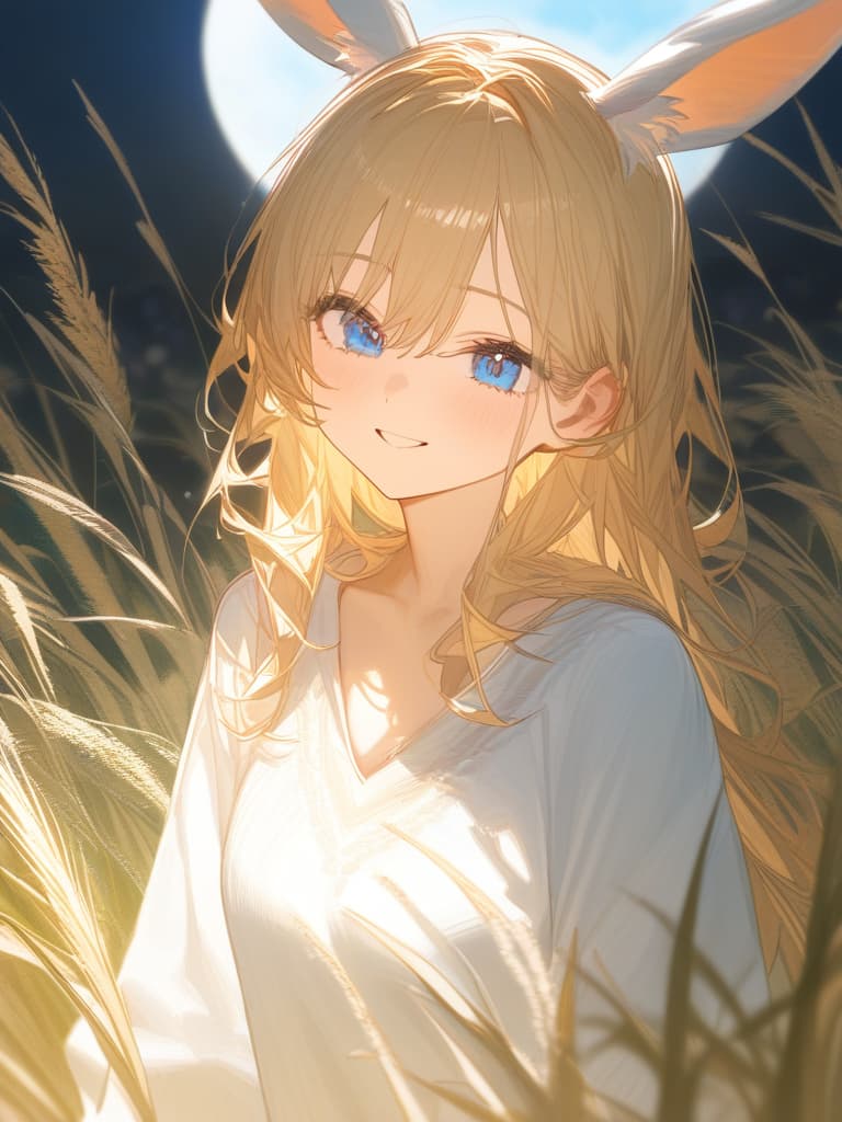  blond, girl, blue eyes, moon watching, pampas grass, smiling, rabbit, rabbit ears, masterpiece, best quality,8k,ultra detailed,high resolution,an extremely delicate and beautiful,hyper detail