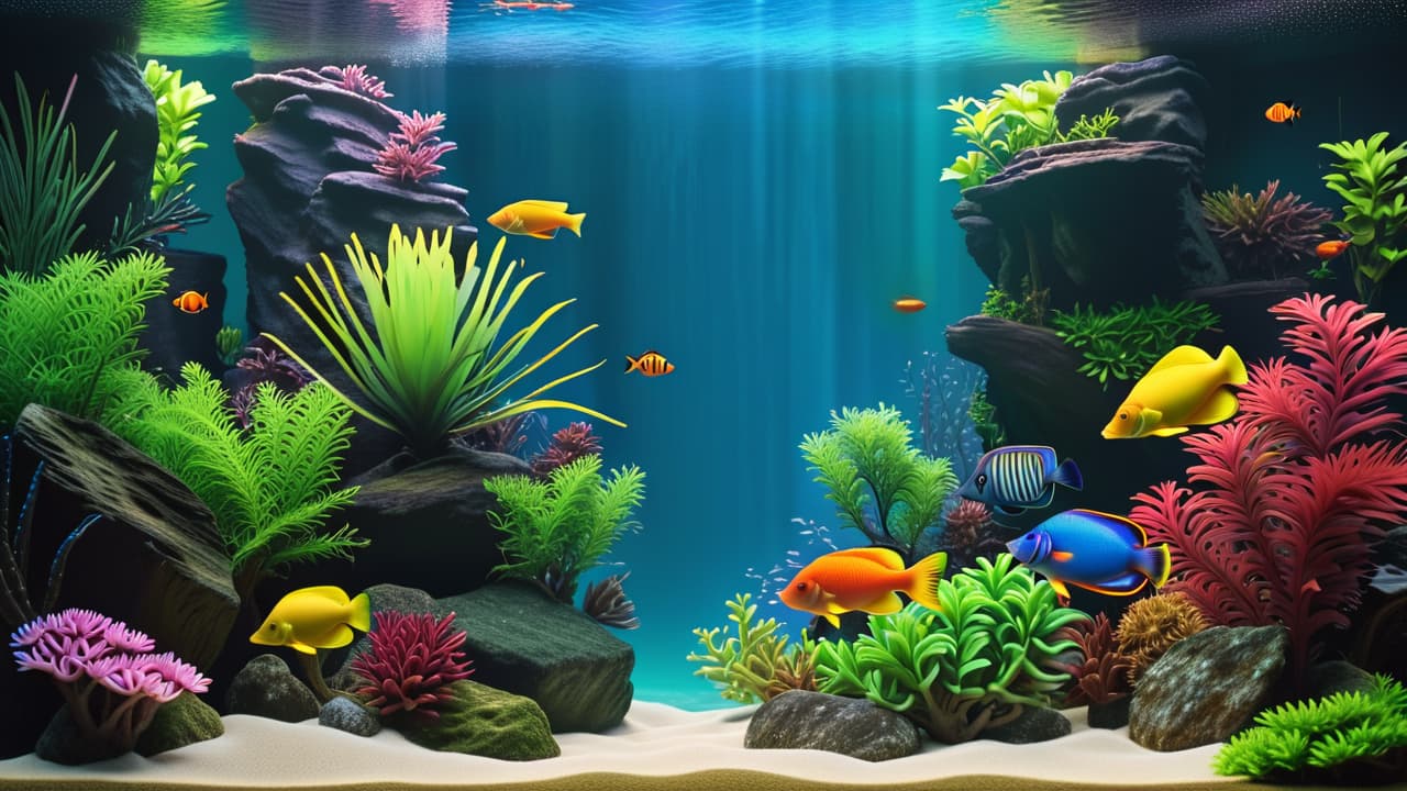  a vibrant fish tank filled with colorful tropical fish, aquatic plants, and decorative rocks, surrounded by fishkeeping equipment like filters, heaters, and food, with a price tag subtly placed near the tank. hyperrealistic, full body, detailed clothing, highly detailed, cinematic lighting, stunningly beautiful, intricate, sharp focus, f/1. 8, 85mm, (centered image composition), (professionally color graded), ((bright soft diffused light)), volumetric fog, trending on instagram, trending on tumblr, HDR 4K, 8K