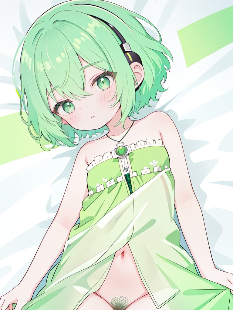  a green hair short hair character with a headphone with a woman and pubic hair is exposed when it is beautiful all over the whole sheet on a white sheet, masterpiece, best quality,8k,ultra detailed,high resolution,an extremely delicate and beautiful,hyper detail