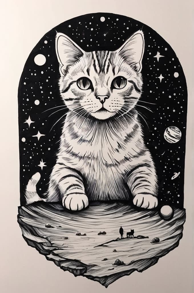  cat on a planet, (tattoo sketch:1.25), drawing