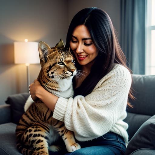  a big cat hugs a cute girl in the living room,pokemon hyperrealistic, full body, detailed clothing, highly detailed, cinematic lighting, stunningly beautiful, intricate, sharp focus, f/1. 8, 85mm, (centered image composition), (professionally color graded), ((bright soft diffused light)), volumetric fog, trending on instagram, trending on tumblr, HDR 4K, 8K