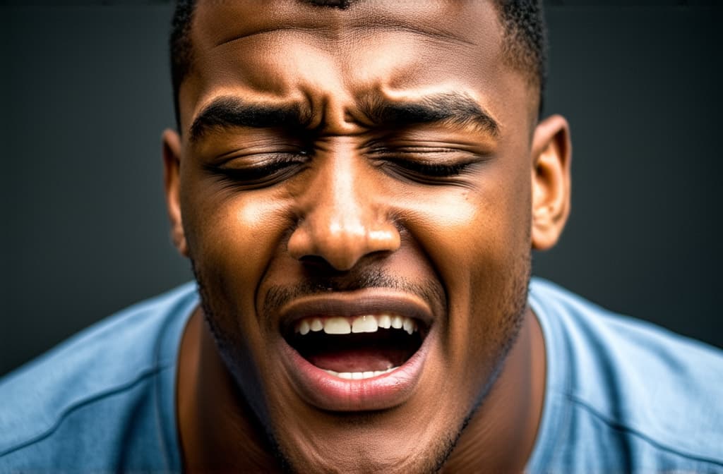  young man crying in shock with tears on his cheek, emotional breakdown, , closed eyes and closed mouth ar 3:2, (natural skin texture), highly detailed face, depth of field, hyperrealism, soft light, muted colors