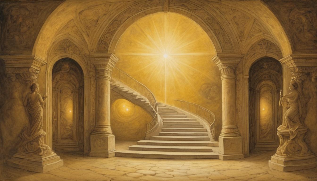  on parchment, surrealism++, a luminous ascending staircase, golden steps glowing softly, leading to an ethereal doorway, surrounded by celestial light, divine journey, uplifting and transcendent(mysterious, provocative, symbolic)++