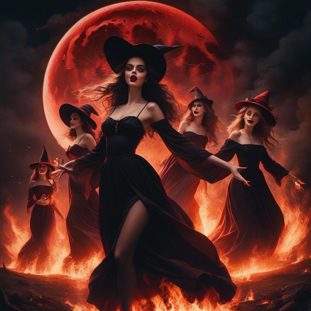  mysticism. (coven of witches beautiful young, charming, half dressed 1.1) they dance around a large fire, wearing hats, dancing and laughing, a huge pale red moon. (from witches terrible shadows, from fire 1.2) great detail