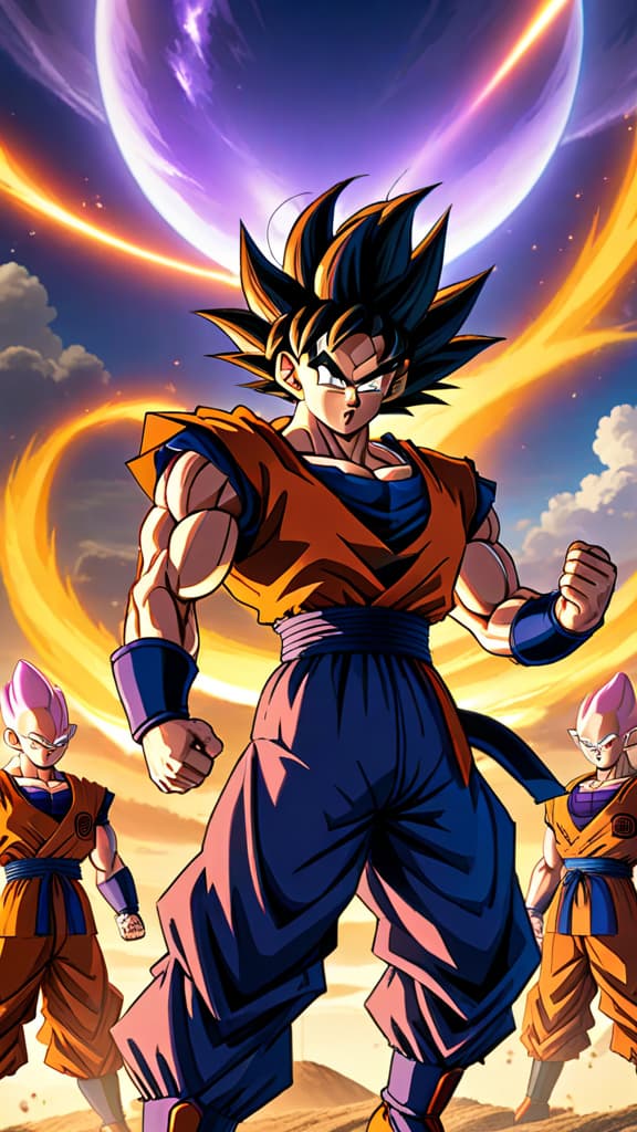  dragon ball z, goku and saiyan warriors defending against frieza's attack, energy blasts lighting up the sky, anime art hyperrealistic, full body, detailed clothing, highly detailed, cinematic lighting, stunningly beautiful, intricate, sharp focus, f/1. 8, 85mm, (centered image composition), (professionally color graded), ((bright soft diffused light)), volumetric fog, trending on instagram, trending on tumblr, HDR 4K, 8K