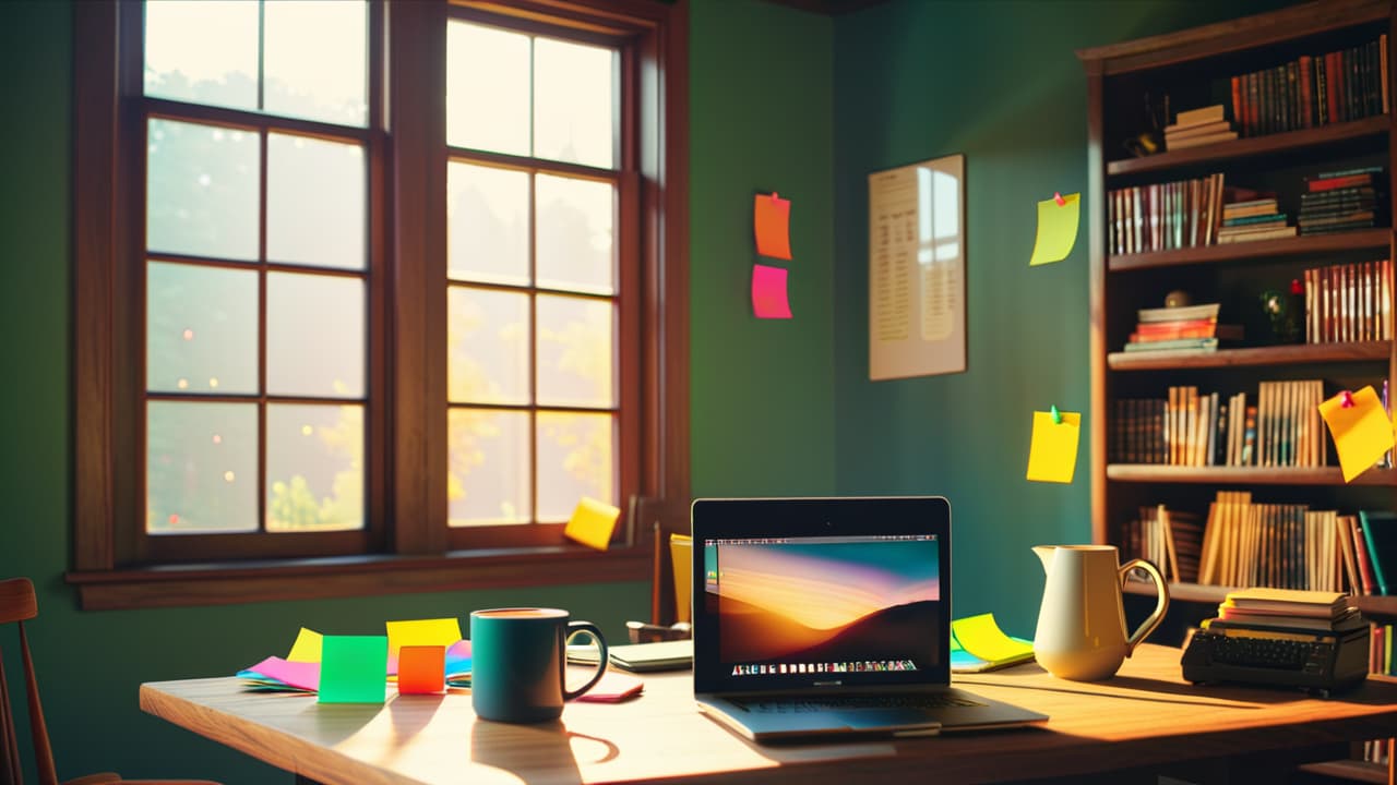  a cozy home office with a laptop on a wooden desk, colorful sticky notes scattered, a steaming mug of coffee, and a bookshelf filled with educational resources, sunlight streaming through a window. hyperrealistic, full body, detailed clothing, highly detailed, cinematic lighting, stunningly beautiful, intricate, sharp focus, f/1. 8, 85mm, (centered image composition), (professionally color graded), ((bright soft diffused light)), volumetric fog, trending on instagram, trending on tumblr, HDR 4K, 8K