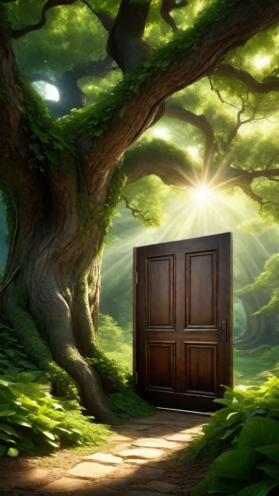  (photorealistic:1.2), (high detail:1.1), stunning digital art, young with awe filled expression standing at hidden door beneath ancient oak tree, vint magical world beyond, soft rays of sunlight filtering through lush green leaves, clear details, best quality, extremely detailed cg 8k wallpaper, volumetric lighting, hyper realistic digital art