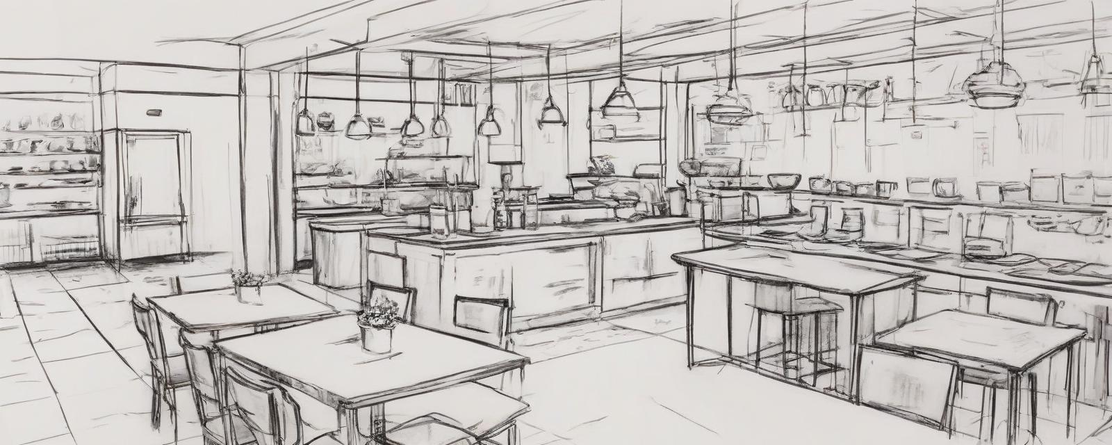  sketch drawing kitchen in a restaurant without people