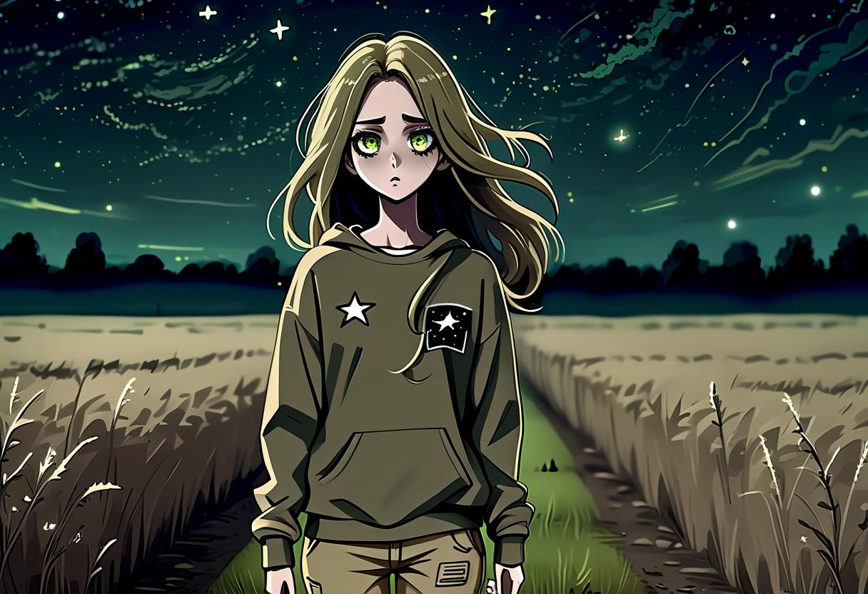  dystopian style a girl in anime style with long hair runs around the field at night dressed in a khaki colored sweatshirt and pants. the girl looks at the starry sky at night with black lower eyelids under the eyes of a specific color full of fear of the unknown and curiosity. . bleak, post apocalyptic, somber, dramatic, highly detailed