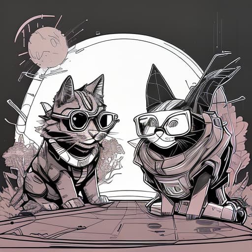 nvinkpunk black and white coloring page in procreate style, 2d cartoon style, with the image of two funny cats, one standing, the other sitting next to them. on their heads, like helmets, are pumpkins. halloween atmosphere.