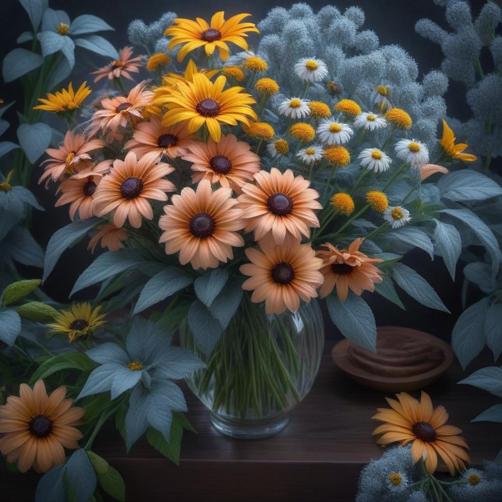  Bouquet of rudbekiy hyperrealistic, full body, detailed clothing, highly detailed, cinematic lighting, stunningly beautiful, intricate, sharp focus, f/1. 8, 85mm, (centered image composition), (professionally color graded), ((bright soft diffused light)), volumetric fog, trending on instagram, trending on tumblr, HDR 4K, 8K