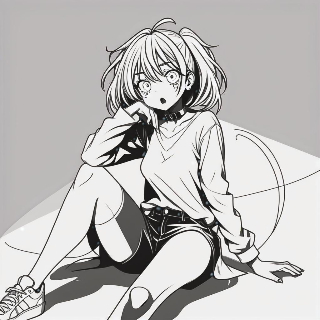  line art drawing crazy girl sit in angle, same nightmare. anime style . professional, sleek, modern, minimalist, graphic, line art, vector graphics