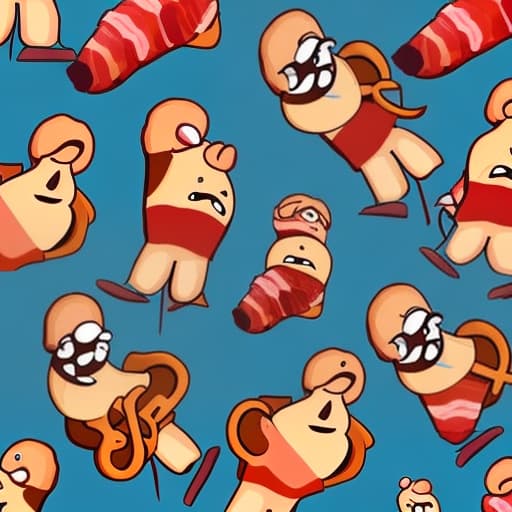  A group of funny line drawing characters of a sausages wrapped in bacon with legs and a smile dancing.