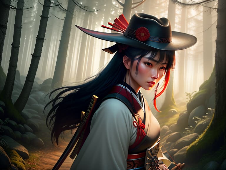 A samurai girl, holding a bow, stands in the morning forest, aiming at the heads of men wearing cowboy hats. hyperrealistic, full body, detailed clothing, highly detailed, cinematic lighting, stunningly beautiful, intricate, sharp focus, f/1. 8, 85mm, (centered image composition), (professionally color graded), ((bright soft diffused light)), volumetric fog, trending on instagram, trending on tumblr, HDR 4K, 8K