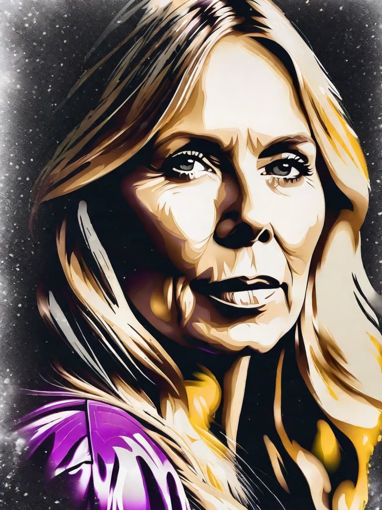  A younger Country singer Joni Mitchell, medium shot, upper body, spotlight, long exposure lighting, street art style spray paint, glamour lighting