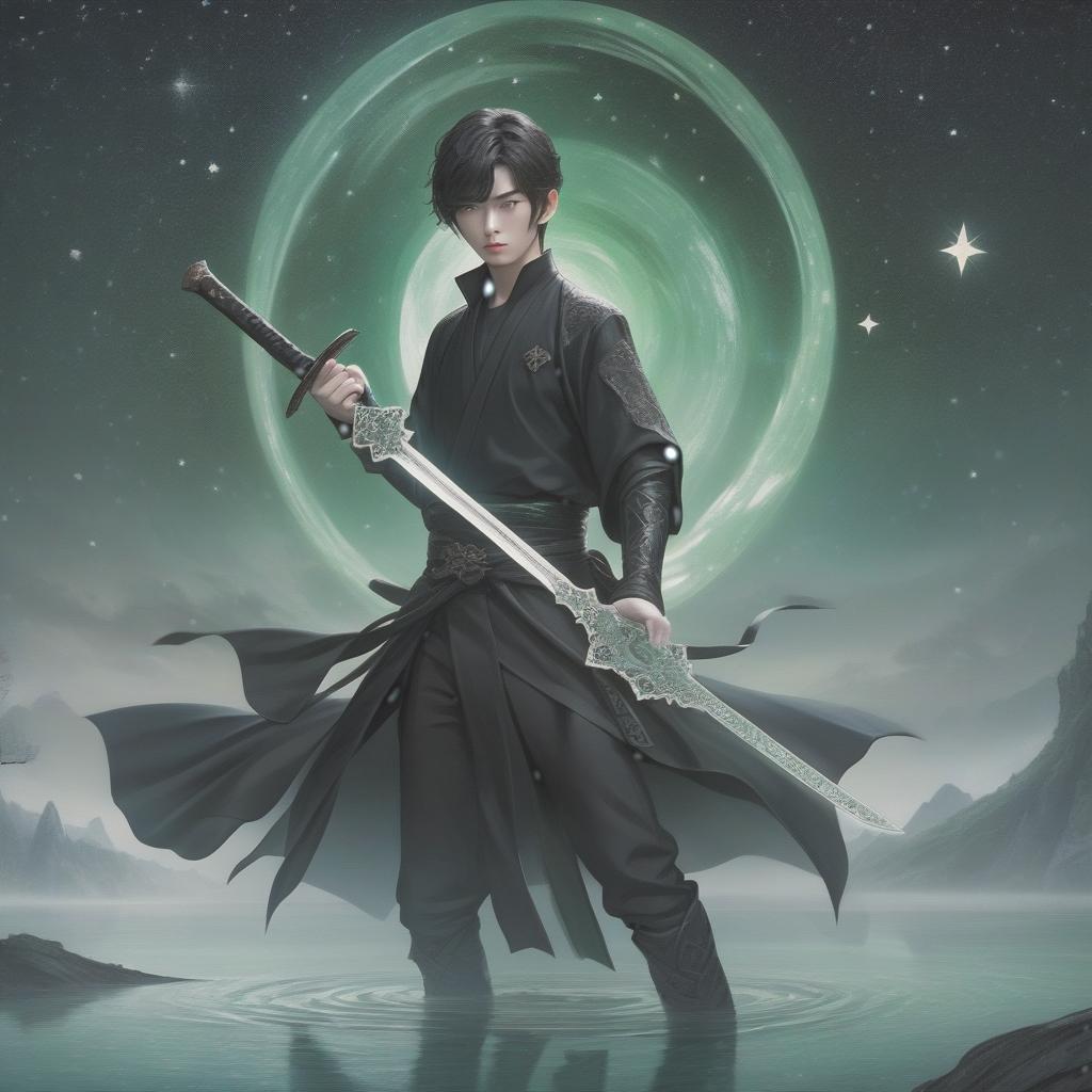  breathtaking realistic photo, a young man in black with an unassuming long sword behind his back. on a beautiful face carved out of jade, clear, as if the reflections of stars in a cold bottomless lake, the eyes shone . award winning, professional, highly detailed, hkmagic