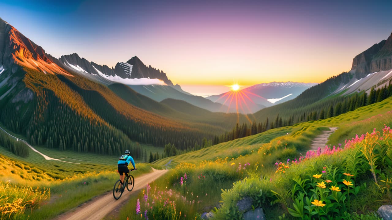  a vibrant mountain landscape with diverse trails, cyclists navigating rugged terrain, lush forests, and rocky outcrops. include scenic vistas, distant peaks, and trails winding through wildflowers, capturing the essence of popular mountain biking destinations. hyperrealistic, full body, detailed clothing, highly detailed, cinematic lighting, stunningly beautiful, intricate, sharp focus, f/1. 8, 85mm, (centered image composition), (professionally color graded), ((bright soft diffused light)), volumetric fog, trending on instagram, trending on tumblr, HDR 4K, 8K