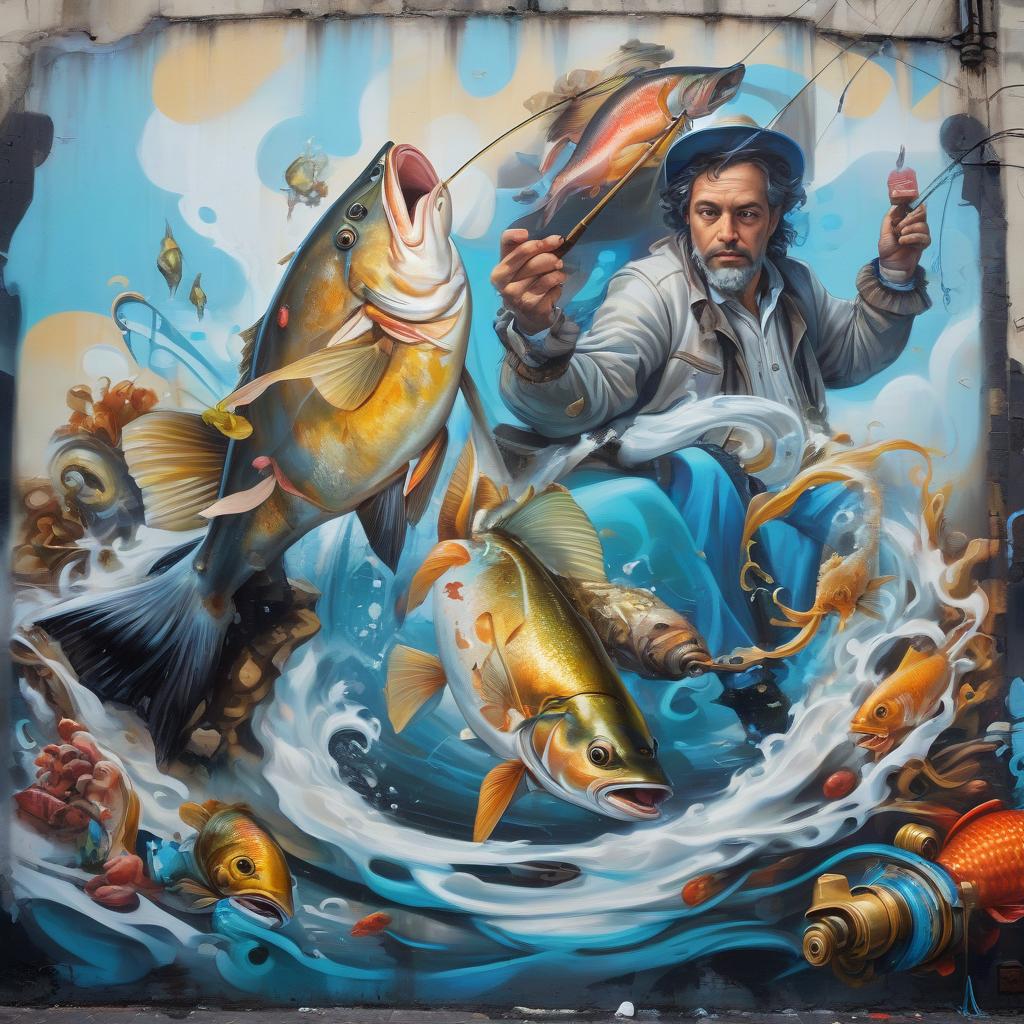  graffiti style rococo, oil, canvas, high quality image, fisherman catching fish . street art, vibrant, urban, detailed, tag, mural