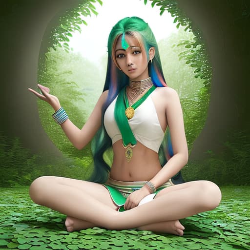  a 28age indian lady her hair rainbow color and she sitting in the circle it was covered by green leaves and her show sex positions