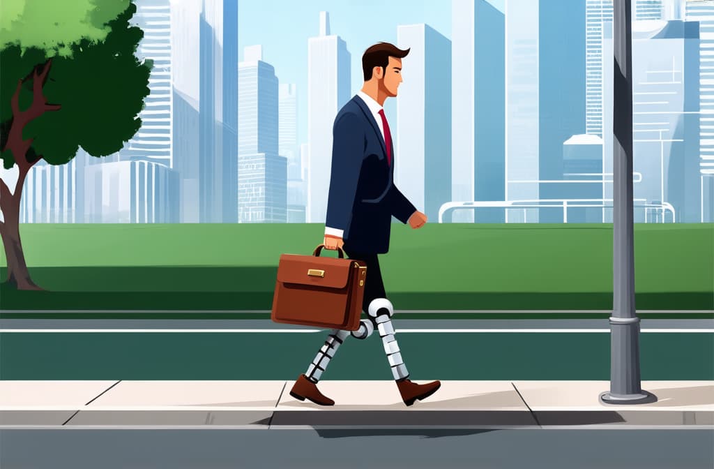  flat illustration, flaticon, (illustration:1.15), a businessman with a prosthetic leg and a briefcase walks along a city sidewalk ar 3:2, [cory loftis, strobist, pascal campion :: 0.2]