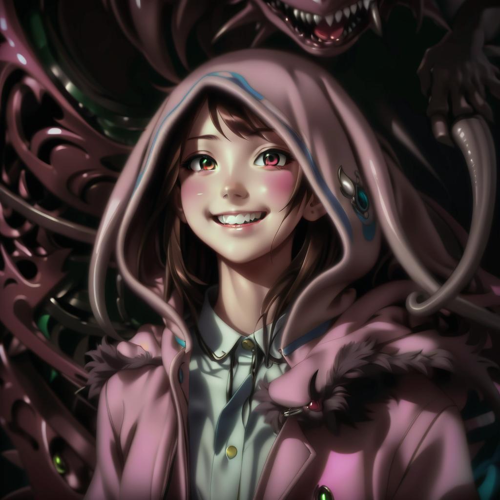  anime artwork the girl smile in the creature's clutches . anime style, key visual, vibrant, studio anime, highly detailed