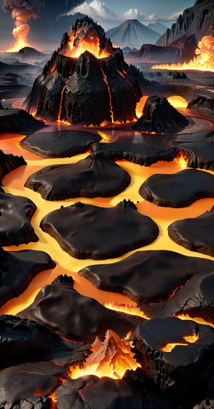  professional 3d model fire biome, platforms, magma, lava, lava rivers, volcanoes . octane render, highly detailed, volumetric, dramatic lighting, civitai, hkmagic