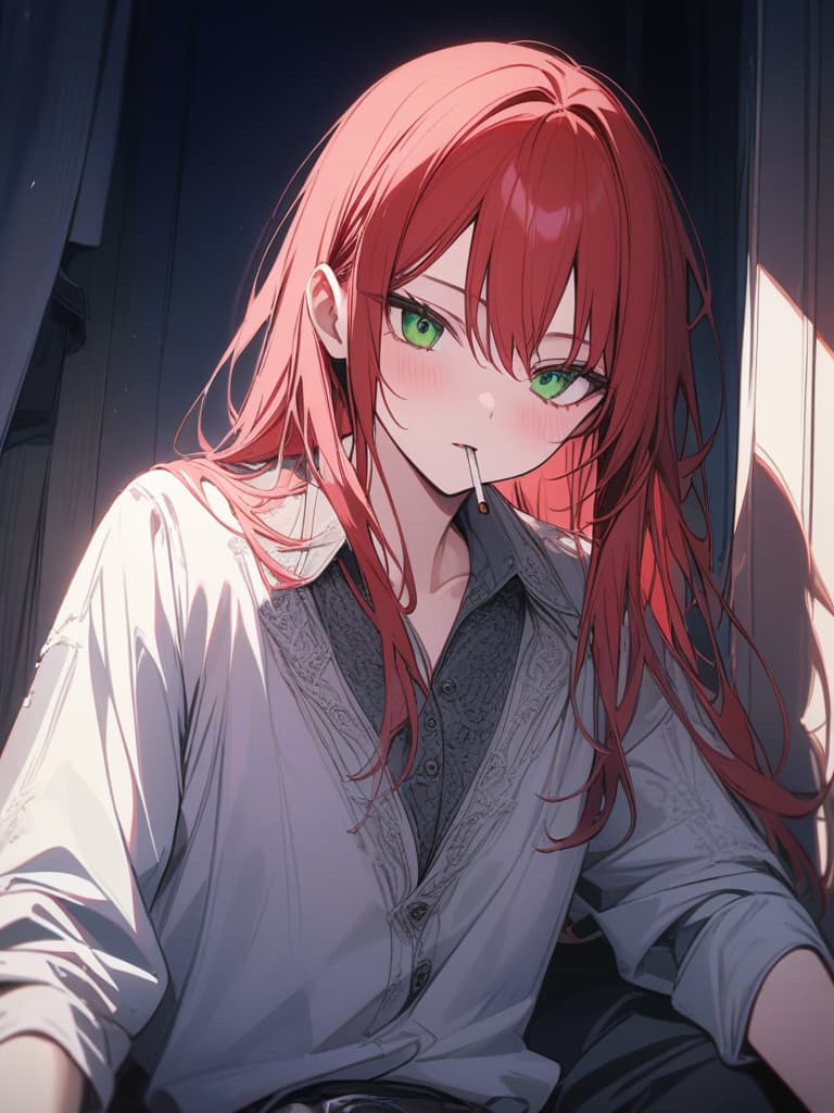  red hair, green, youth, good youth, male, cigarette, there is a hole in the chest of clothes, slender, long hair, one, green eyes, masterpiece, best quality,8k,ultra detailed,high resolution,an extremely delicate and beautiful,hyper detail