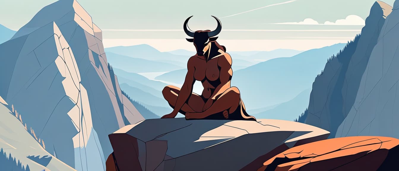  minimalism, draw a lady minotaur sitting on the rock in the mountains, abstract, simple geometic shapes, hard edges, sleek contours, minimalism