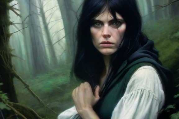  a detailed portrait of a woman in a forest setting, standing at a distance. she has long black hair and striking green eyes, reflecting a determined yet weary expression. her attire consists of a shabby black sheath dress over a white shirt and snug black leather pants, conveying a sense of rugged survival. the woman holds a traditional bow, with a hood pulled over her head, partially obscuring her face. surrounding her is a mystical fog that envelops the trees, creating an atmosphere of mystery and intrigue. the backdrop features dense foliage, possibly hinting at a rich environment filled with wildlife, enhancing the hunting theme.