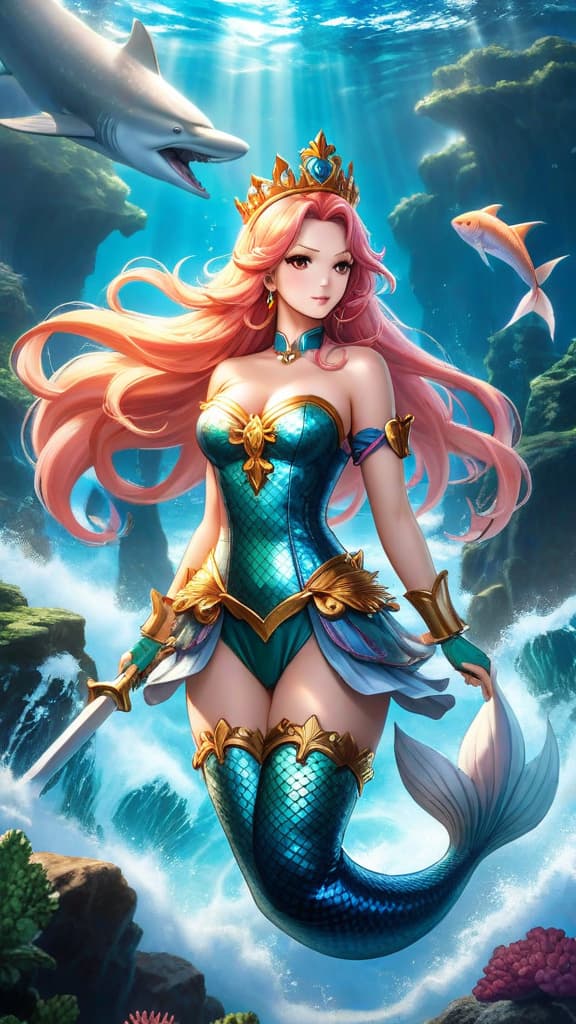  anime art: princess shirahoshi as poseidon, the mermaid princess with power over sea kings in one piece. hyperrealistic, full body, detailed clothing, highly detailed, cinematic lighting, stunningly beautiful, intricate, sharp focus, f/1. 8, 85mm, (centered image composition), (professionally color graded), ((bright soft diffused light)), volumetric fog, trending on instagram, trending on tumblr, HDR 4K, 8K