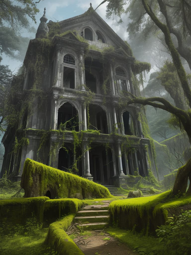  a lot of decayed buildings, large amounts of moss and nature, masterpiece, best quality,8k,ultra detailed,high resolution,an extremely delicate and beautiful,hyper detail