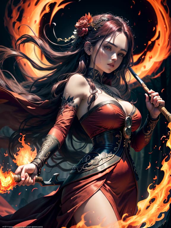  master piece, best quality, ultra detailed, highres, 4k.8k, beautiful woman, holding flames in both hands, with a scythe by her side, mysterious, break death and fire meet under the red moon., enchanted forest clearing, red dress, scythe, red moon, flames, break eerily enchanting, soft glow of flames, mystical aura around the character,