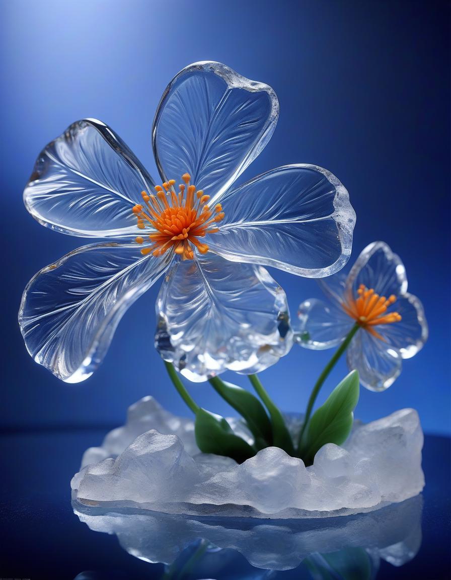  flower with 5 petals, ice sculpture effect, translucent, made of glass material, the flower grows on a piece of rock, the glass root system penetrates the entire piece, exquisite details, macro photography, fantasy art style, high definition wallpaper, high resolution, translucent flowers, clear and delicate focus, fantastic realism, vivid colors and deep blue background, creating a feeling of ice sculpture. high quality wallpaper, 32k