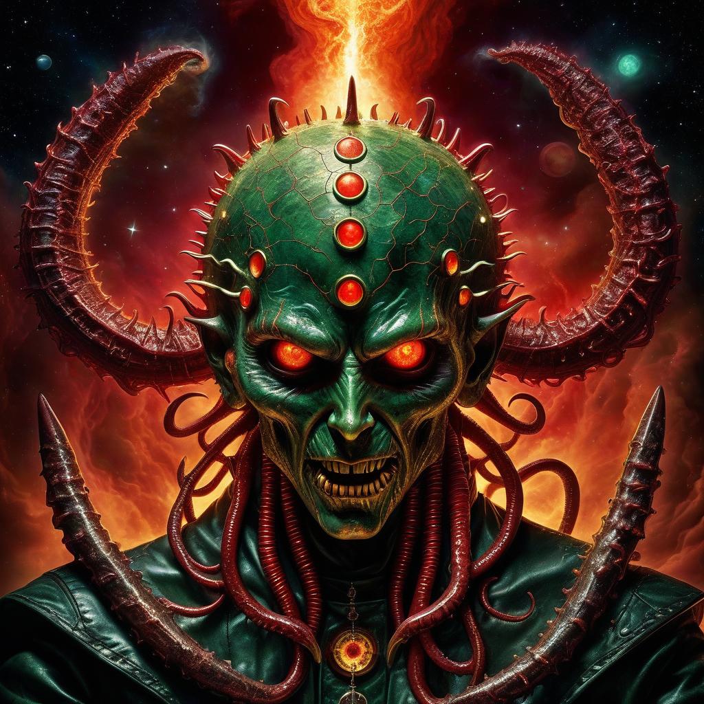  space themed demon hellraiser alien in a mantle flowing red mucus in wounds and white smoke red rings of light green yellow fire in the darkness of horror tentacles suckers needles hooks claws lamps moon . cosmic, celestial, stars, galaxies, nebulas, planets, science fiction, highly detailed