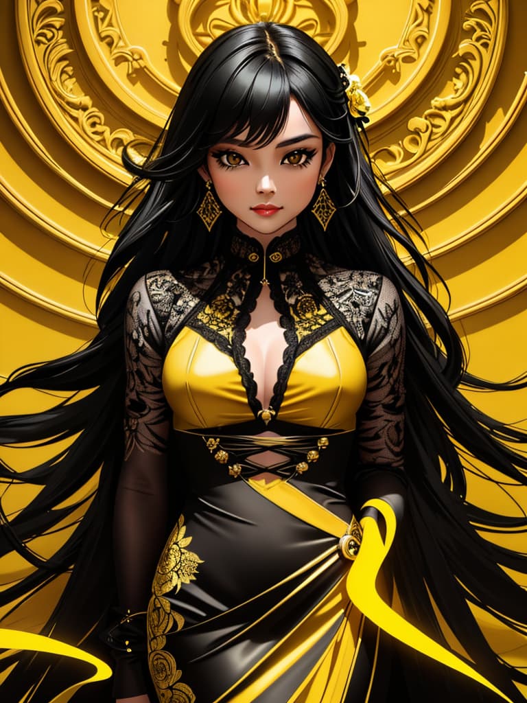  Golden yellow and sleek black color palette, captivating and inviting expression, exuding elegance and charm, magnetic beauty, intricate details, high contrast, luxurious feel, digital art, female, glossy finish, striking composition, dynamic lighting to enhance features.