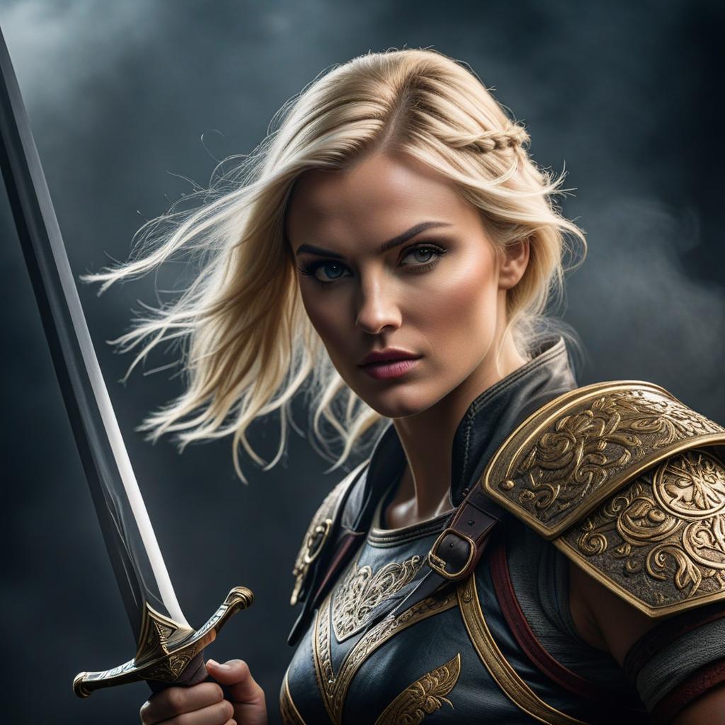  an intensely atmospheric photograph of a blond european woman, poised as an unstoppable warrior, ready to draw her vividly detailed sword. the dark, shadowy background and dynamic lighting define her athletic physique. capture this using a sony alpha a7r iv and a 70 200mm f/2.8 lens. the 'astravision.ai' watermark to be added at the bottom right corner. hyperrealistic, full body, detailed clothing, highly detailed, cinematic lighting, stunningly beautiful, intricate, sharp focus, f/1. 8, 85mm, (centered image composition), (professionally color graded), ((bright soft diffused light)), volumetric fog, trending on instagram, trending on tumblr, HDR 4K, 8K