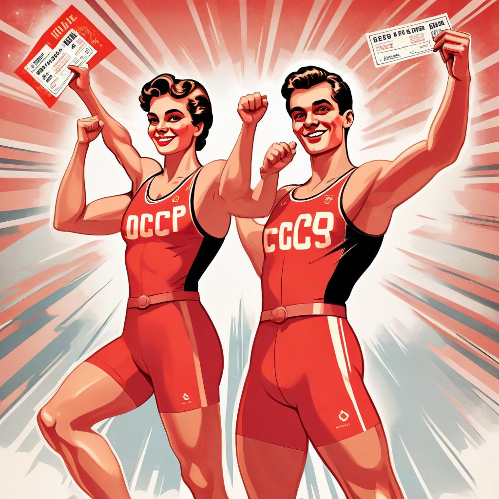  advertising poster style propaganda poster in the style of the ussr, two athletes holding a ticket, smiling, color red, color black, color white . professional, modern, product focused, commercial, eye catching, highly detailed